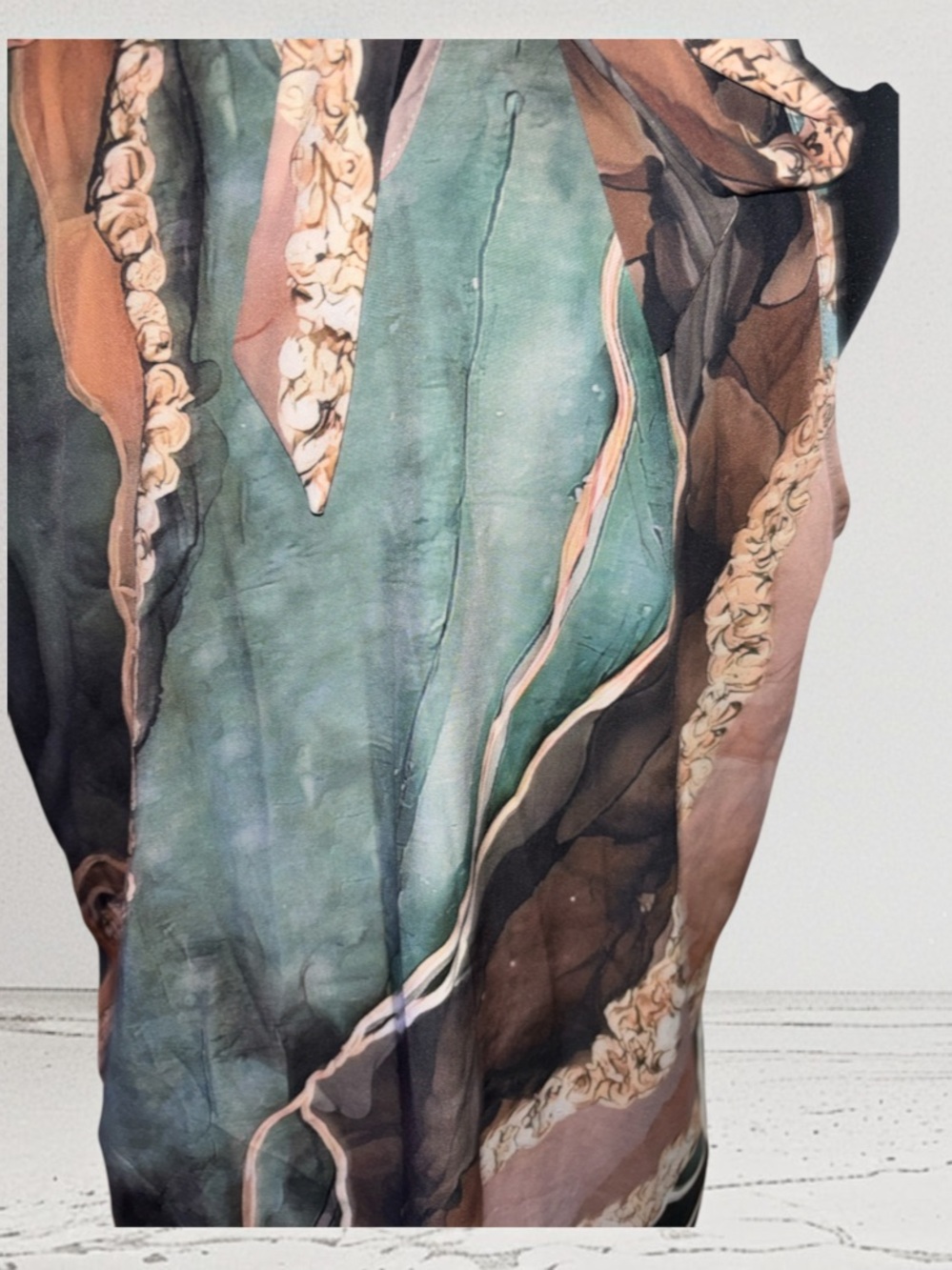 Open-Shoulder Printed Halter Dress in Teal/Peach, P2P:21”, L:37” - Picture 8 of 10